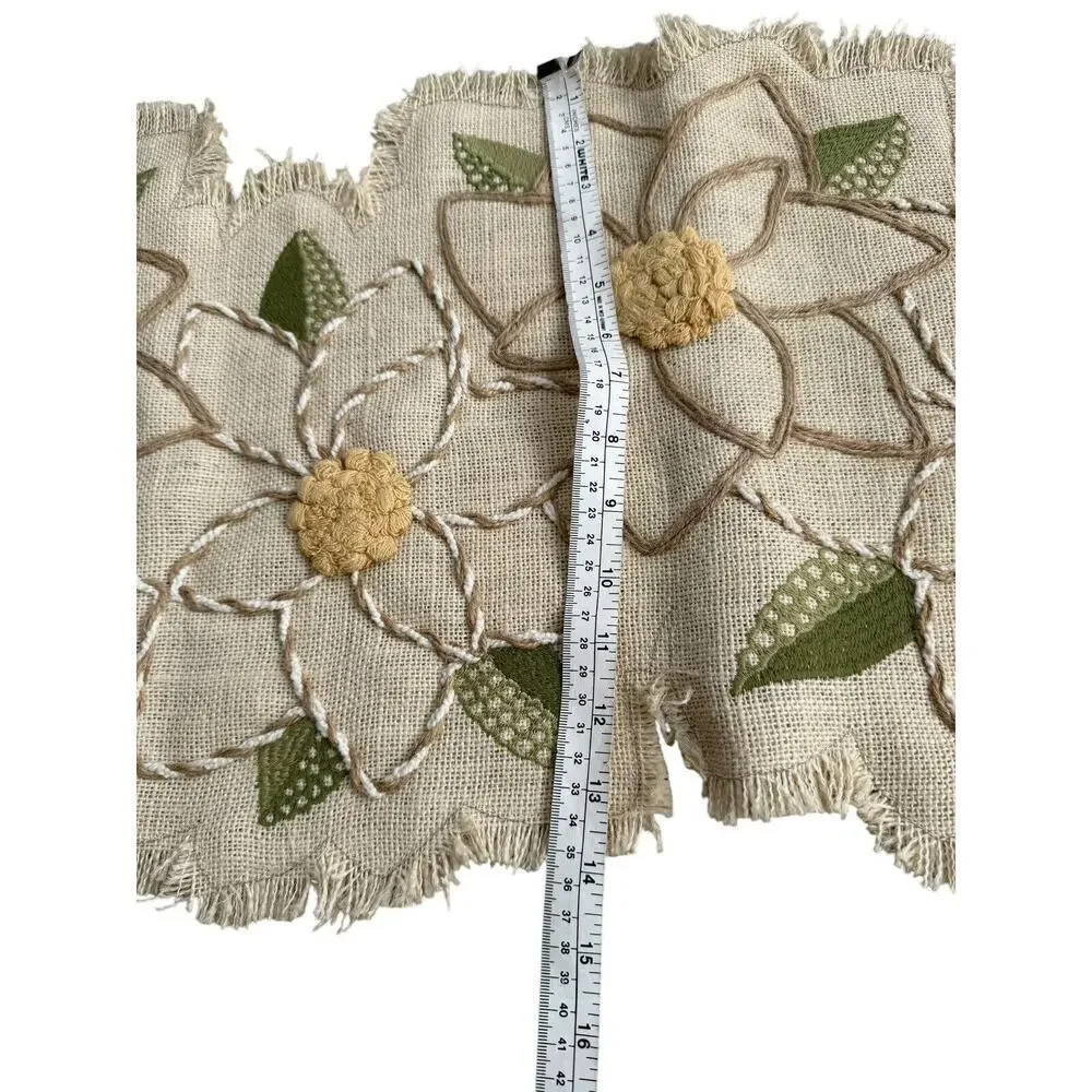 Pier 1 Imports Table Runner 37”x14” Tan Green Floral Natural Fiber Embroidered